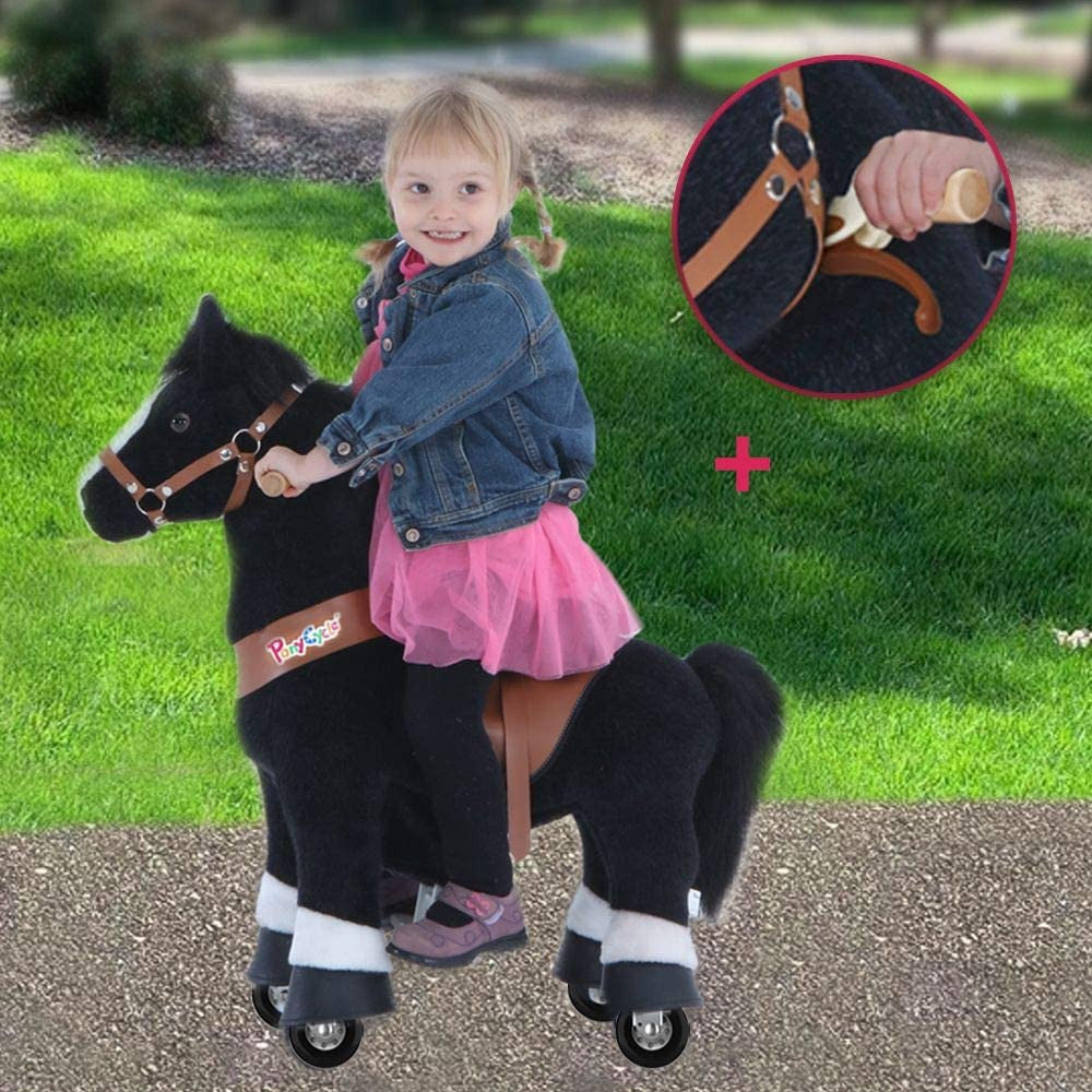 PonyCycle Official New Updated 2021 Edition Ride on Horse Toy Plush Walking Animal Black with White Hoof and Realistic Sound Feature - Small Size for (Age 3-5)
