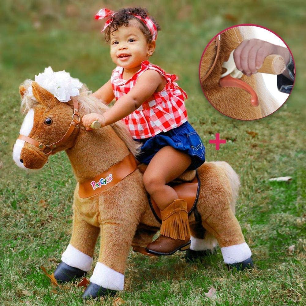 PonyCycle Official New Updated 2021 Edition Ride on Horse Toy Plush Walking Animal Brown with White Hoof and Realistic Sound Feature - Small Size for (Age 3-5)