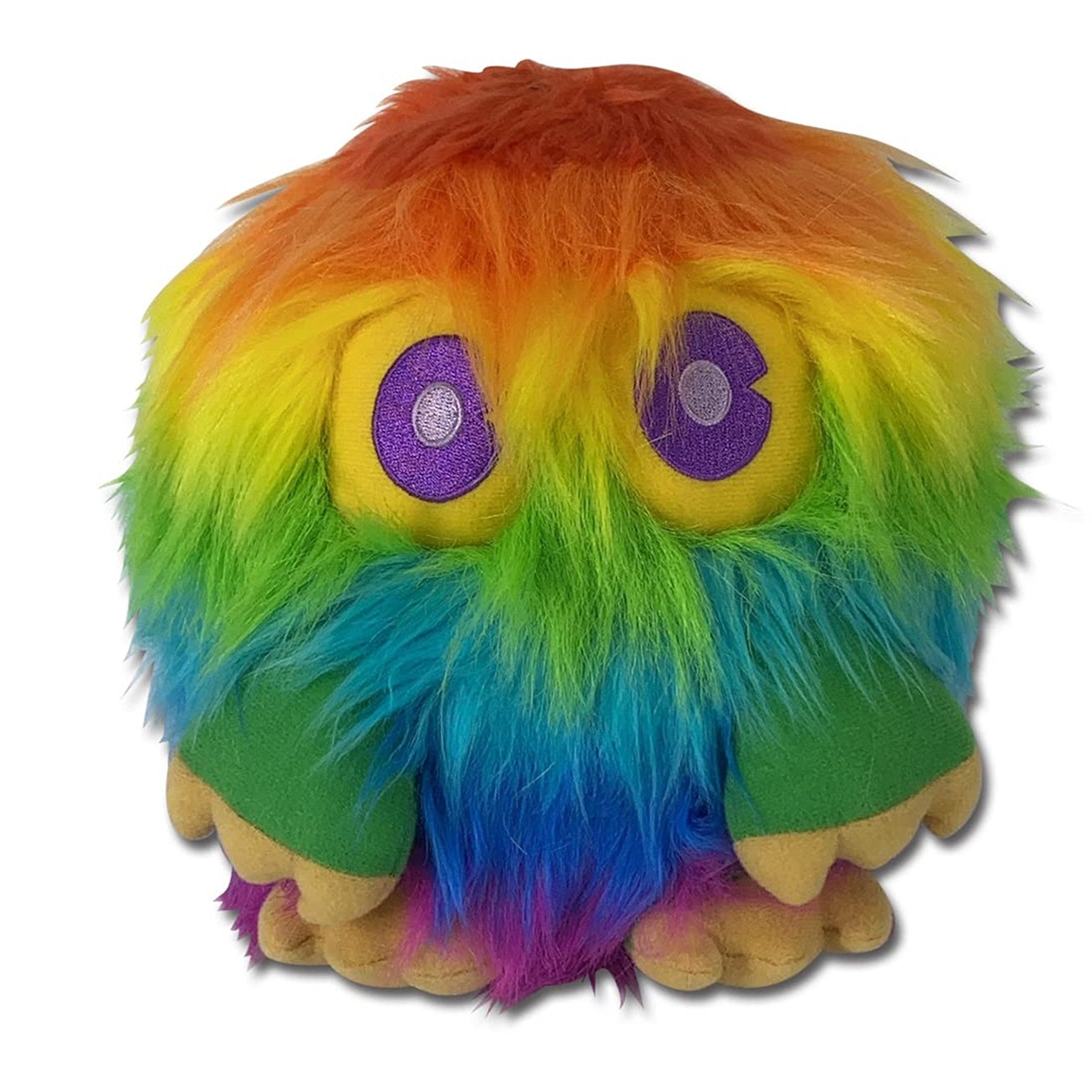 A fuzzy monster plush toy with rainbow-colored hair in orange, yellow, green, blue, and purple, featuring large purple eyes with silver glittery centers and a wide open mouth showing beige teeth, set against a plain white background.