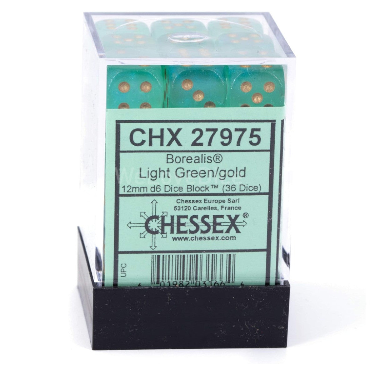 Chessex Borealis 12mm d6 Light Green/gold Luminary Dice Block 36 dice CHX27975