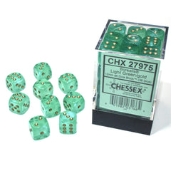 Chessex Borealis 12mm d6 Light Green/gold Luminary Dice Block 36 dice CHX27975
