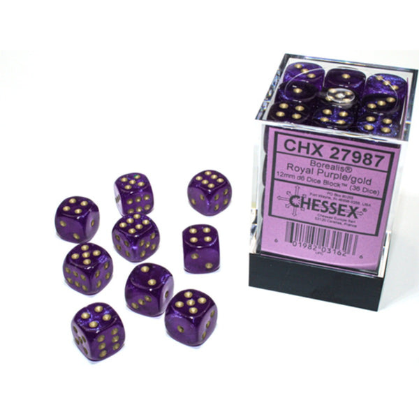 Chessex Borealis 12mm d6 Royal Purple/gold Luminary Dice Block 36 dice CHX27987